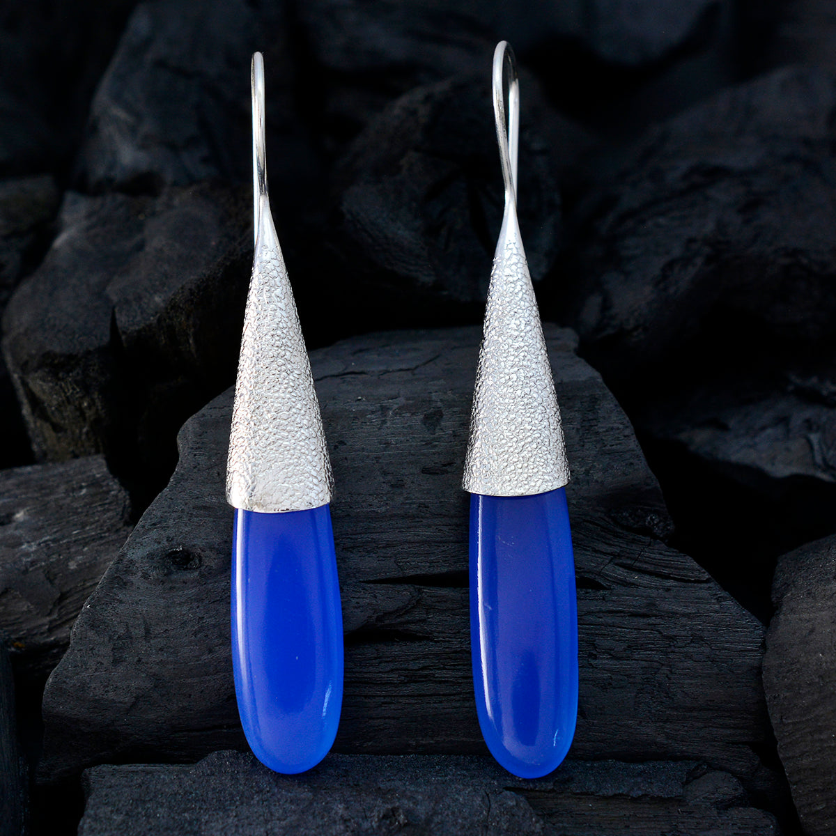 Riyo Good Gemstones fancy Cabochon Blue Chalcedony Silver Earrings gift for easter Sunday