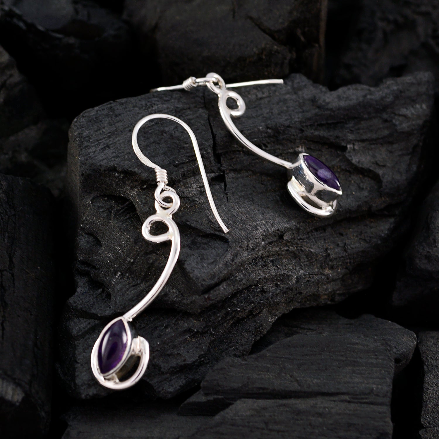 Riyo Good Gemstones marquise Cabochon Purple Amethyst Silver Earring gift for easter Sunday