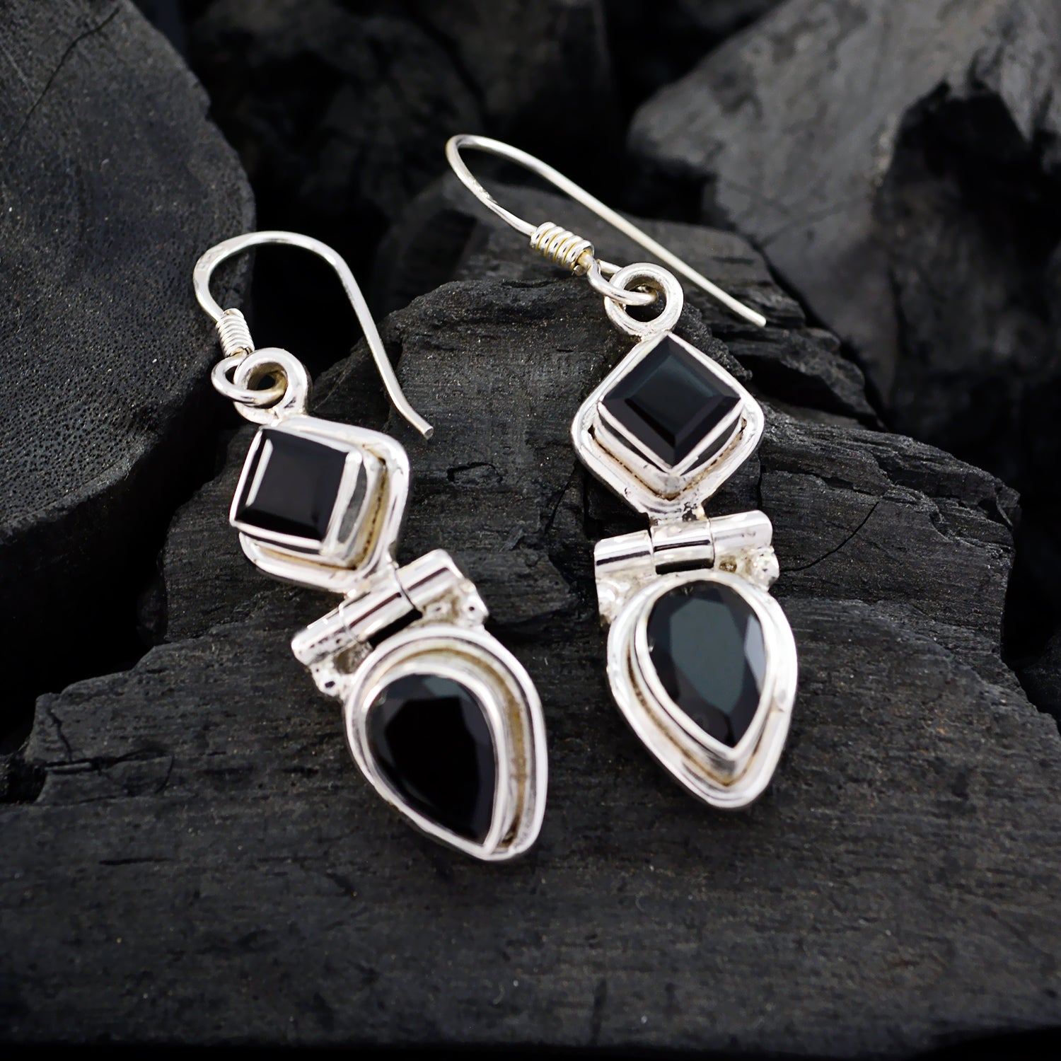 Riyo Good Gemstones multi shape Faceted Black Onyx Silver Earrings gift for anniversary