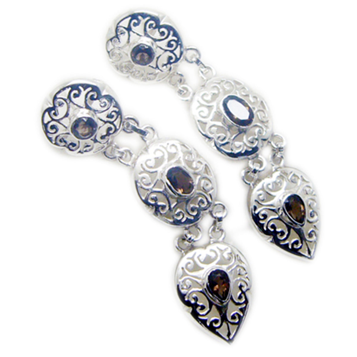 Riyo Good Gemstones multi shape Faceted Brown Smokey Quartz Silver Earring gift for good