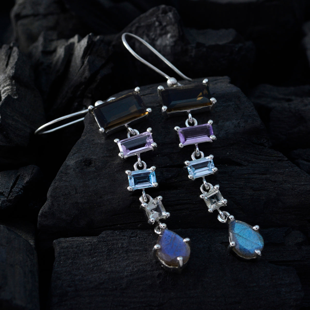 Riyo Good Gemstones multi shape Faceted Multi Multi Stone Silver Earring gift for handmade