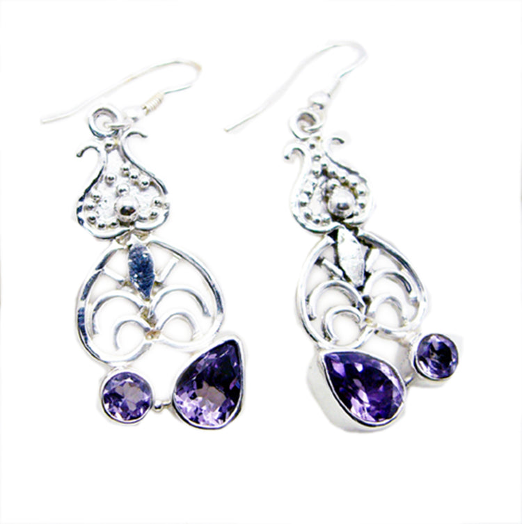 Riyo Good Gemstones multi shape Faceted Purple Amethyst Silver Earrings gift for handmade