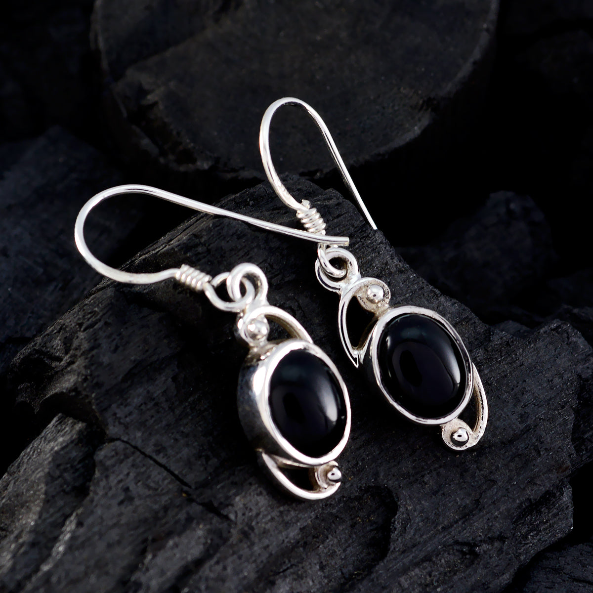 Riyo Good Gemstones oval Cabochon Black Onyx Silver Earring independence gift