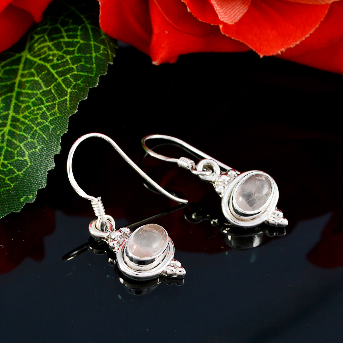 Riyo Good Gemstones oval Cabochon Pink Rose Quartz Silver Earring gift for wedding