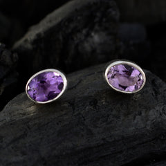 Riyo Good Gemstones oval Faceted Purple Amethyst Silver Earring gift for independence day