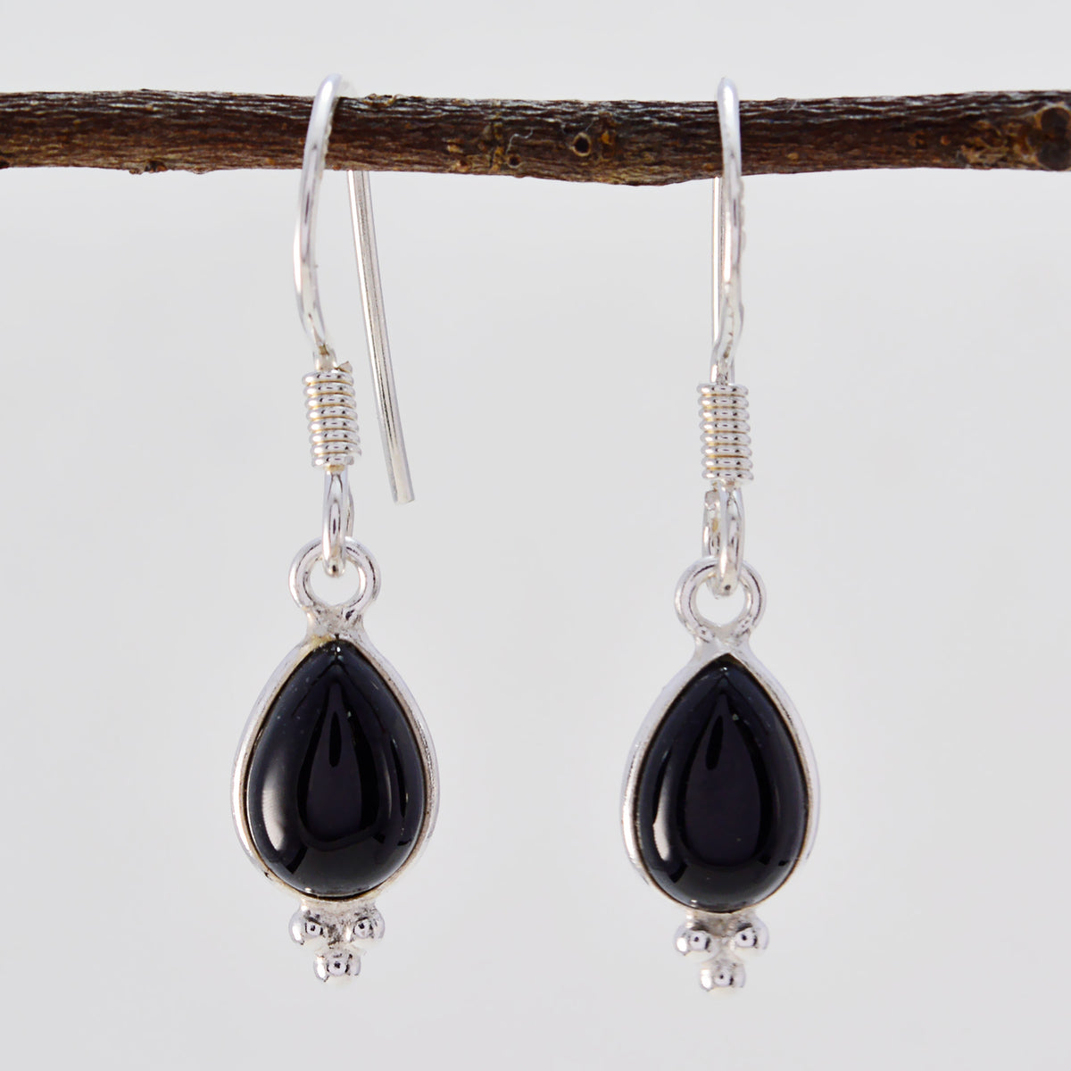 Riyo Good Gemstones pear Cabochon Black Onyx Silver Earrings black Friday gift