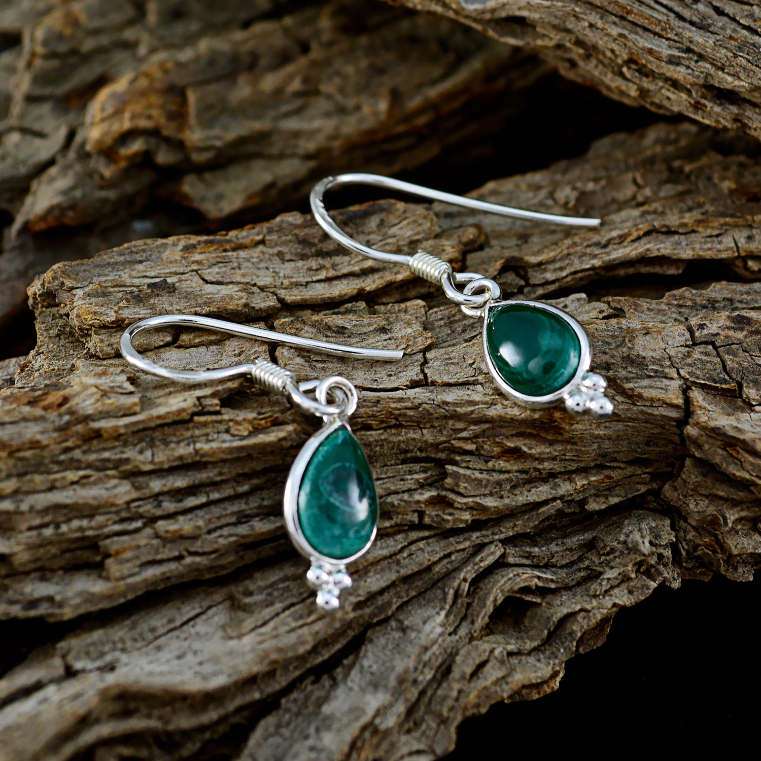 Riyo Good Gemstones pear Cabochon Green Malachatie Silver Earrings gift for handmade