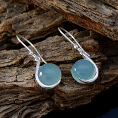 Riyo Good Gemstones round Cabochon Aqua Chalcedoy Silver Earring gift for grandmother