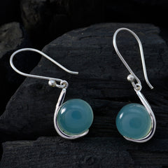 Riyo Good Gemstones round Cabochon Aqua Chalcedoy Silver Earring gift for grandmother