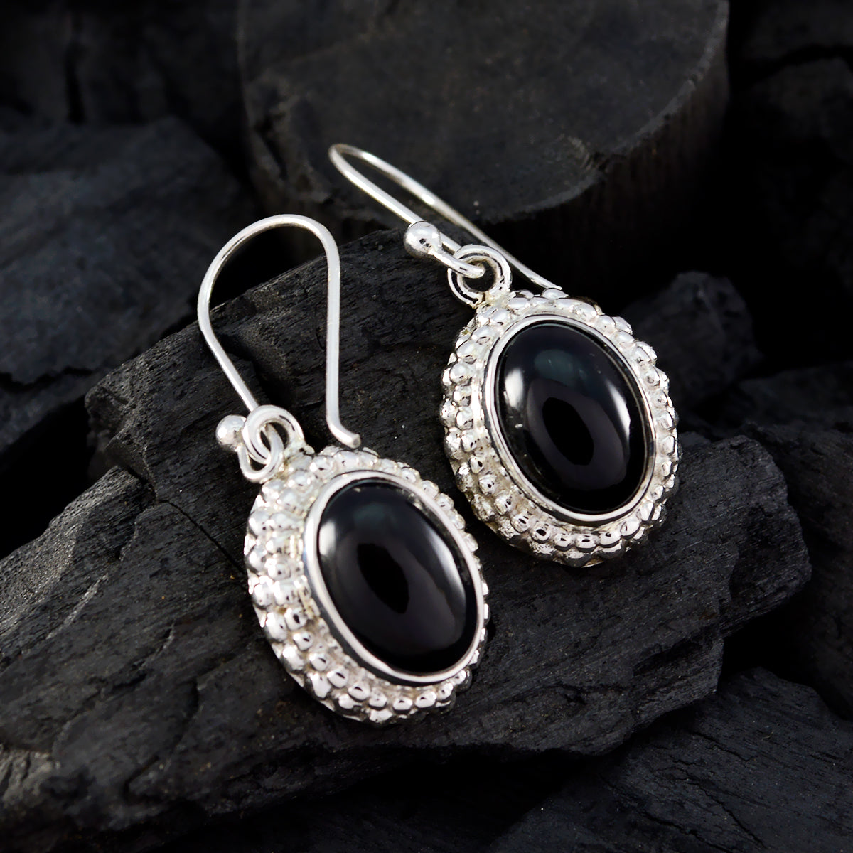 Riyo Good Gemstones round Cabochon Black Onyx Silver Earring frinendship day gift