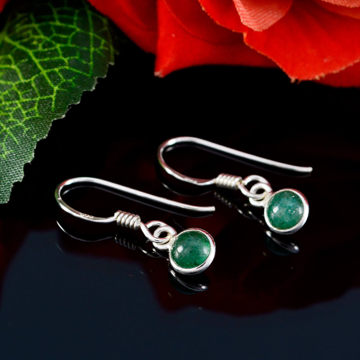 Riyo Good Gemstones round Cabochon Green Indian Emerald Silver Earring gift for mom birthday