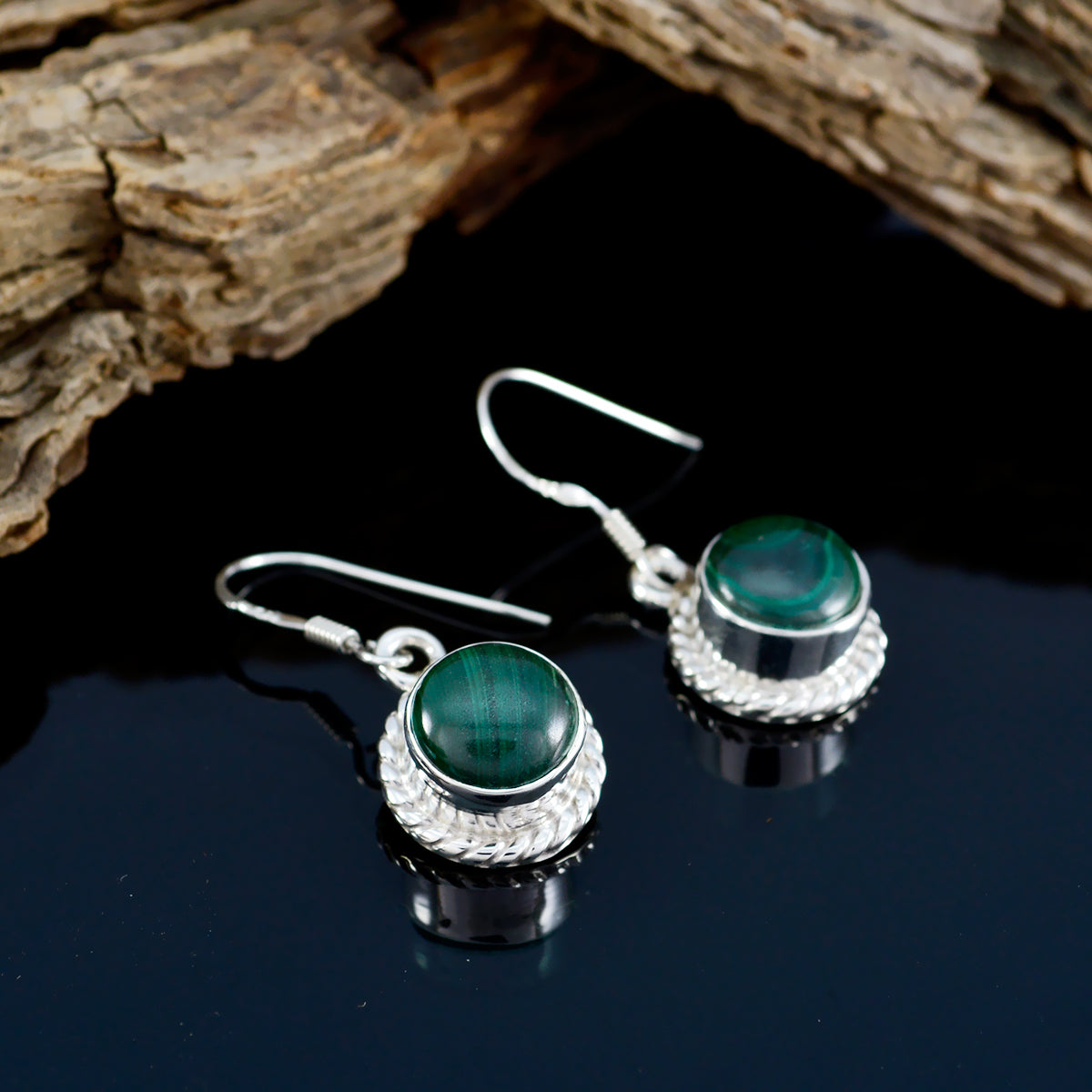 Riyo Good Gemstones round Cabochon Green Malachatie Silver Earring gift for mom