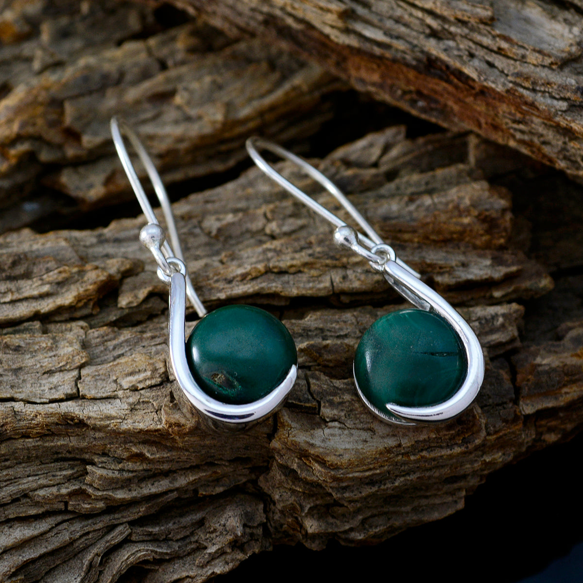 Riyo Good Gemstones round Cabochon Green Malachatie Silver Earrings gift for new years day