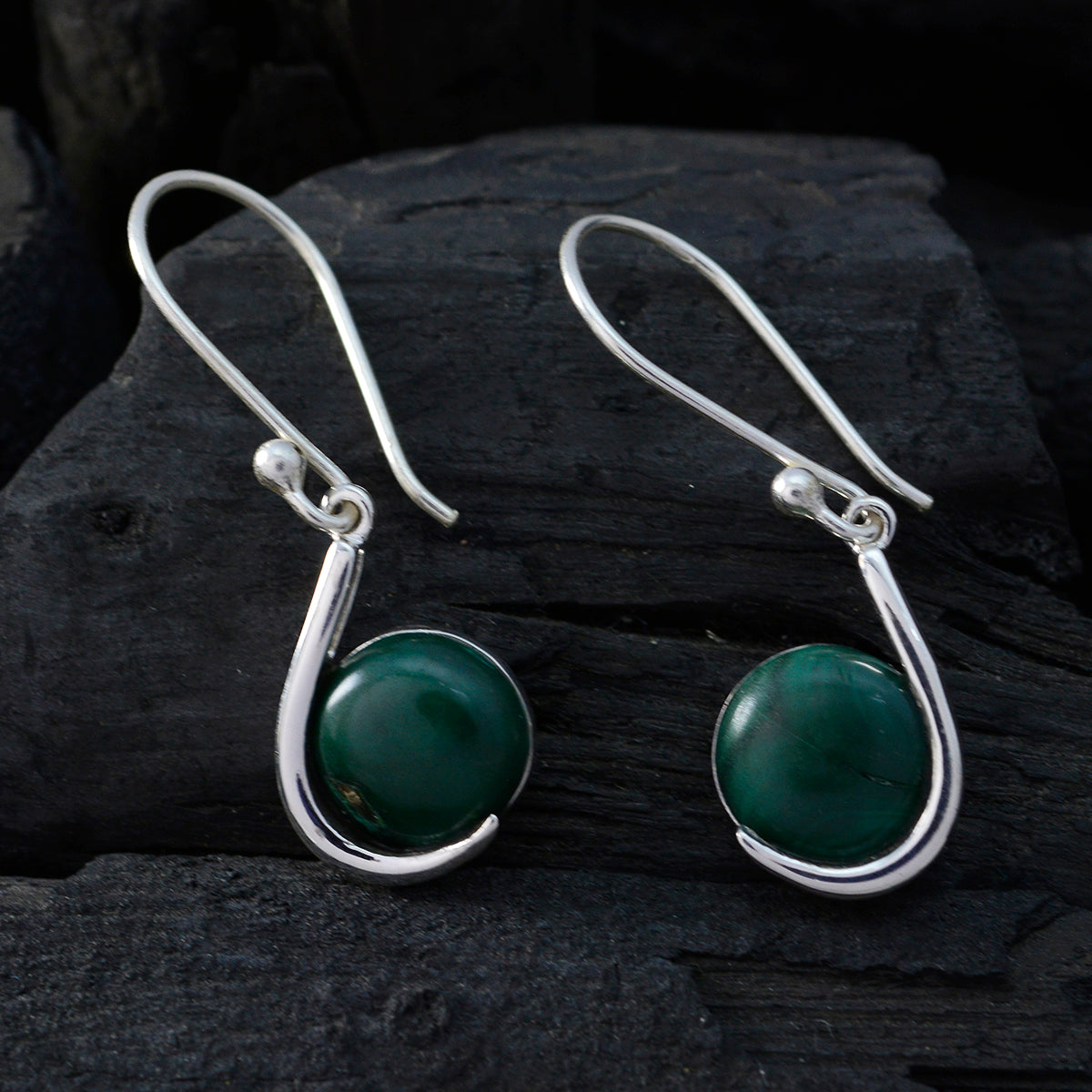 Riyo Good Gemstones round Cabochon Green Malachatie Silver Earrings gift for new years day