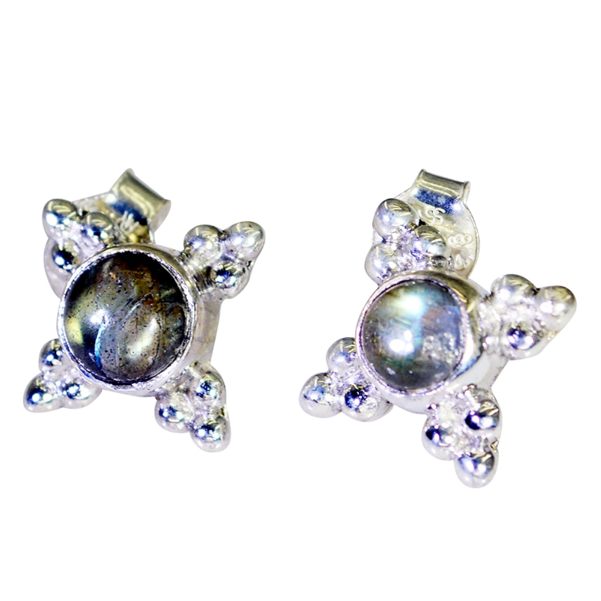 Riyo Good Gemstones round Cabochon Grey Labradorite Silver Earring gift for daughter's day