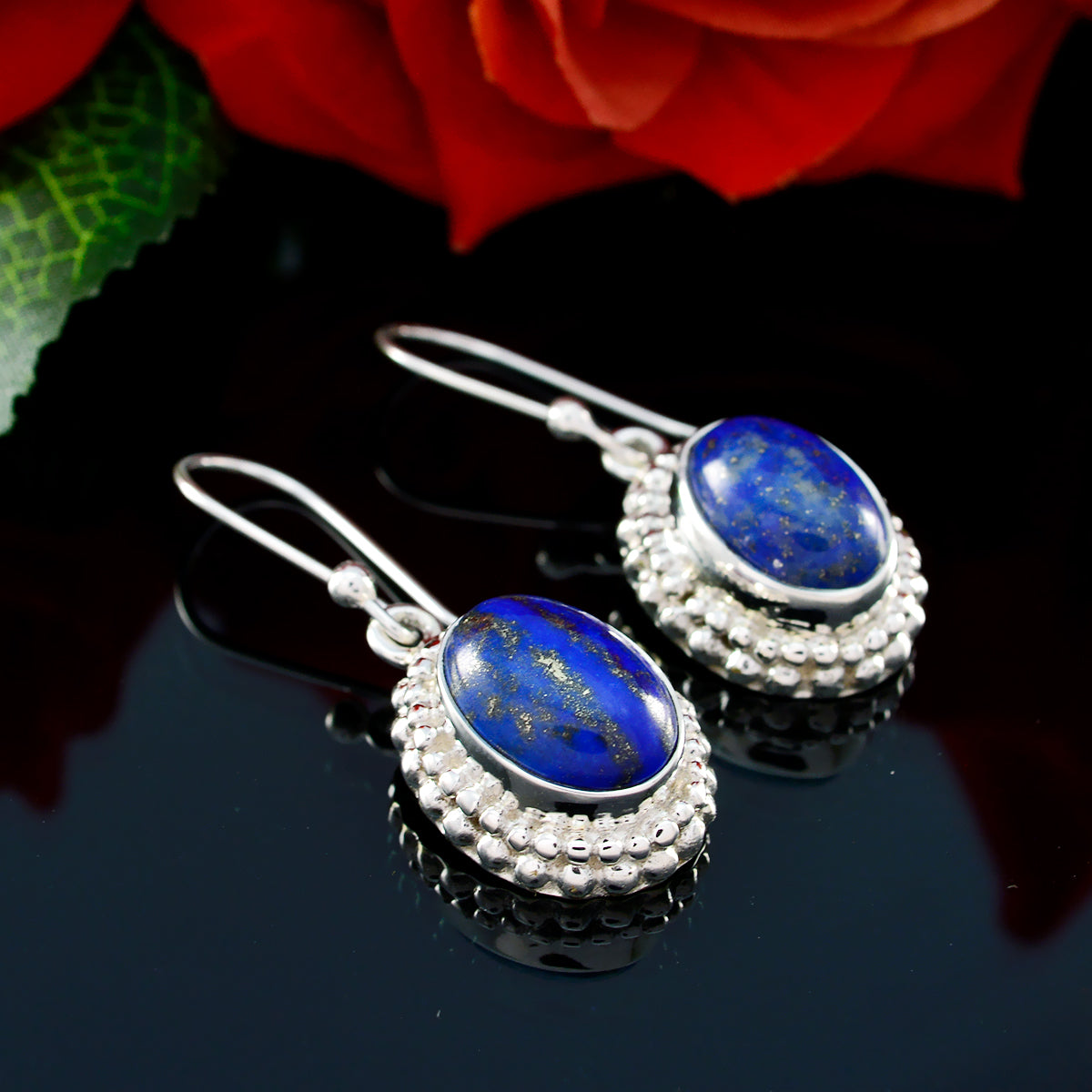 Riyo Good Gemstones round Cabochon Nevy Blue Lapis Lazuli Silver Earring gift for independence day