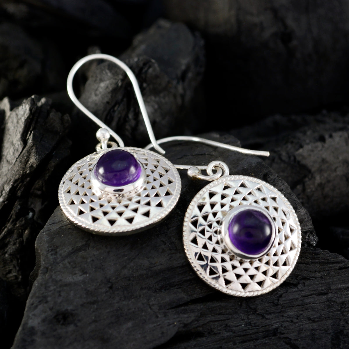 Riyo Good Gemstones round Cabochon Purple Amethyst Silver Earring gift for halloween