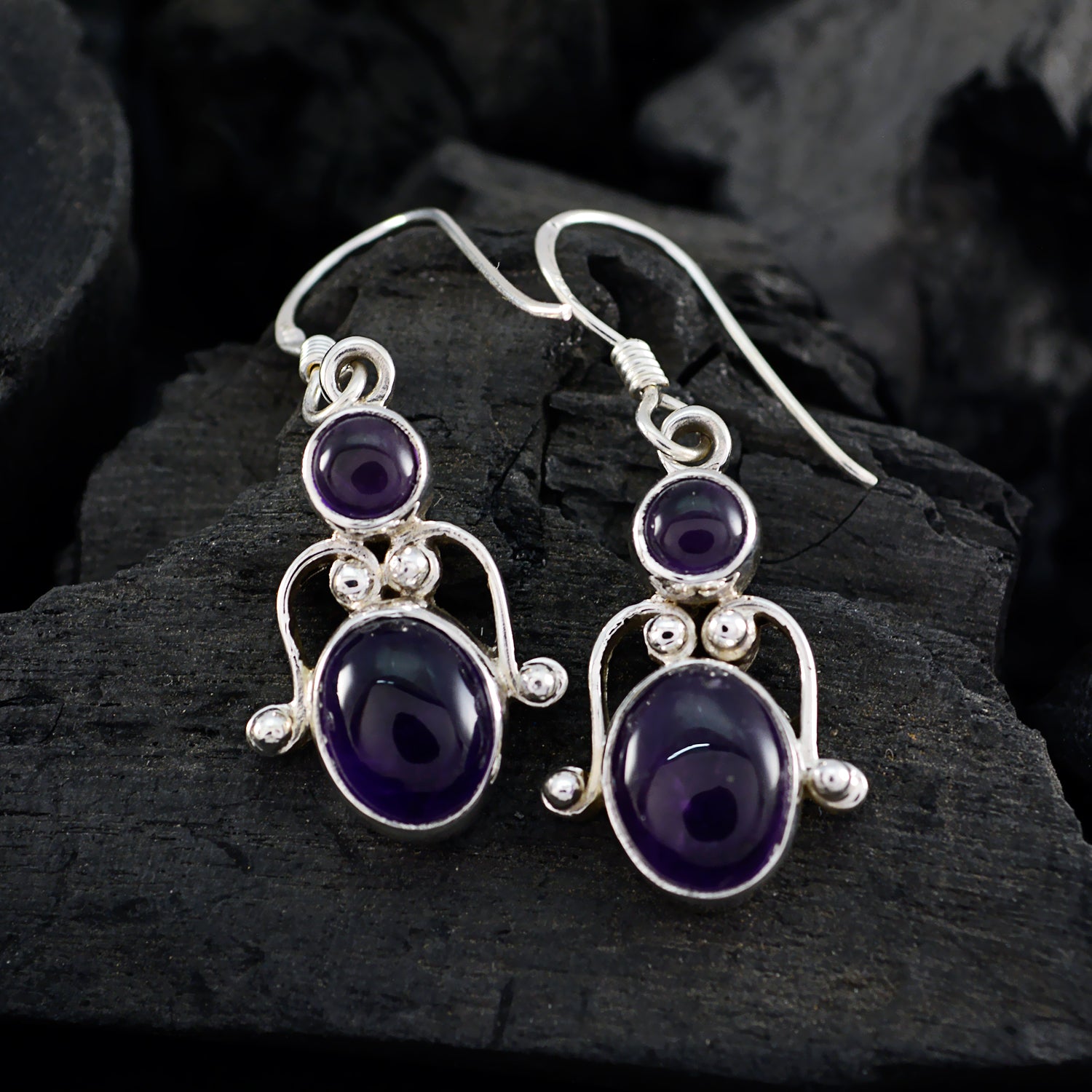 Riyo Good Gemstones round Cabochon Purple Amethyst Silver Earrings gift for christmas
