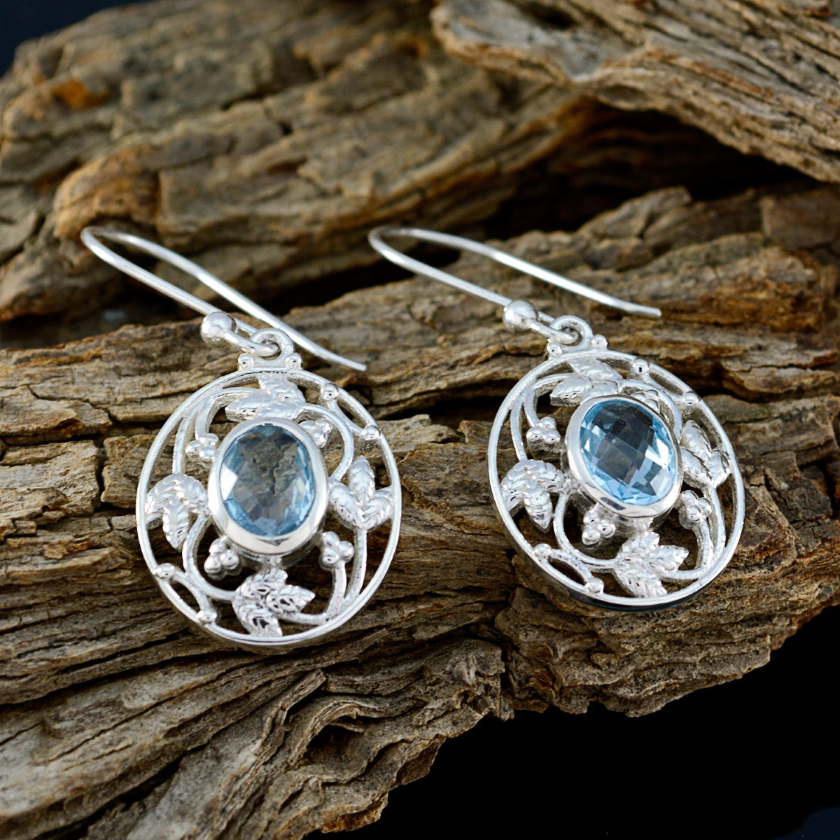 Riyo Good Gemstones round Checker Blue Topaz Silver Earrings gift for brithday