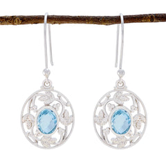 Riyo Good Gemstones round Checker Blue Topaz Silver Earrings gift for brithday