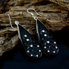 Riyo Good Gemstones round Faceted Black Onyx Silver Earring teacher's day gift