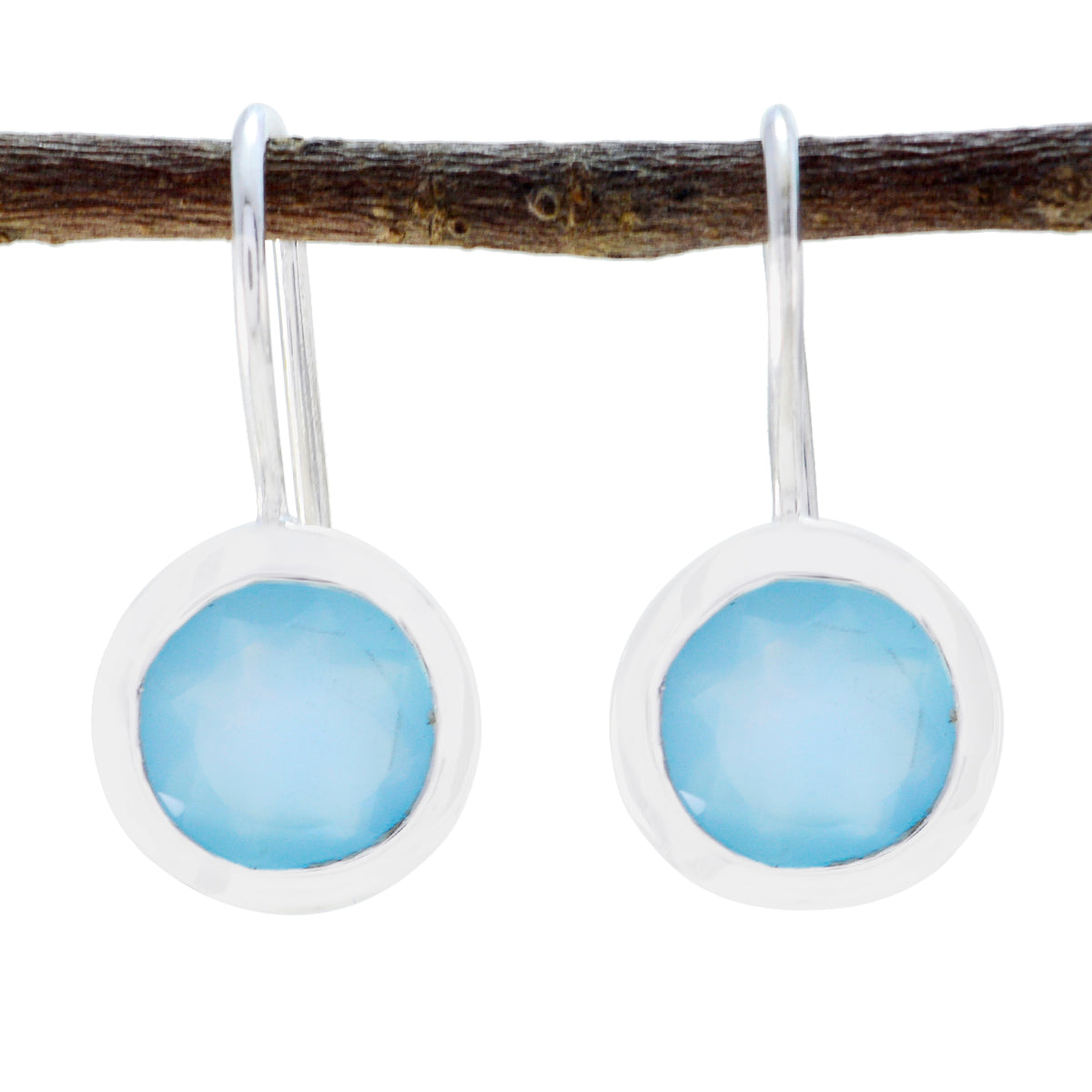Riyo Good Gemstones round Faceted Blue Chalcedony Silver Earring gift for girlfriend