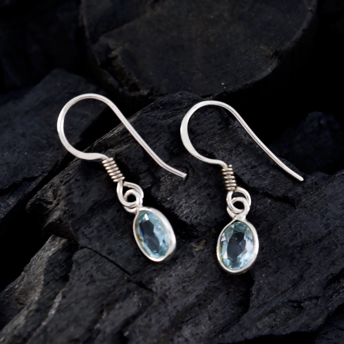 Riyo Good Gemstones round Faceted Blue Topaz Silver Earrings gift fordaughter day