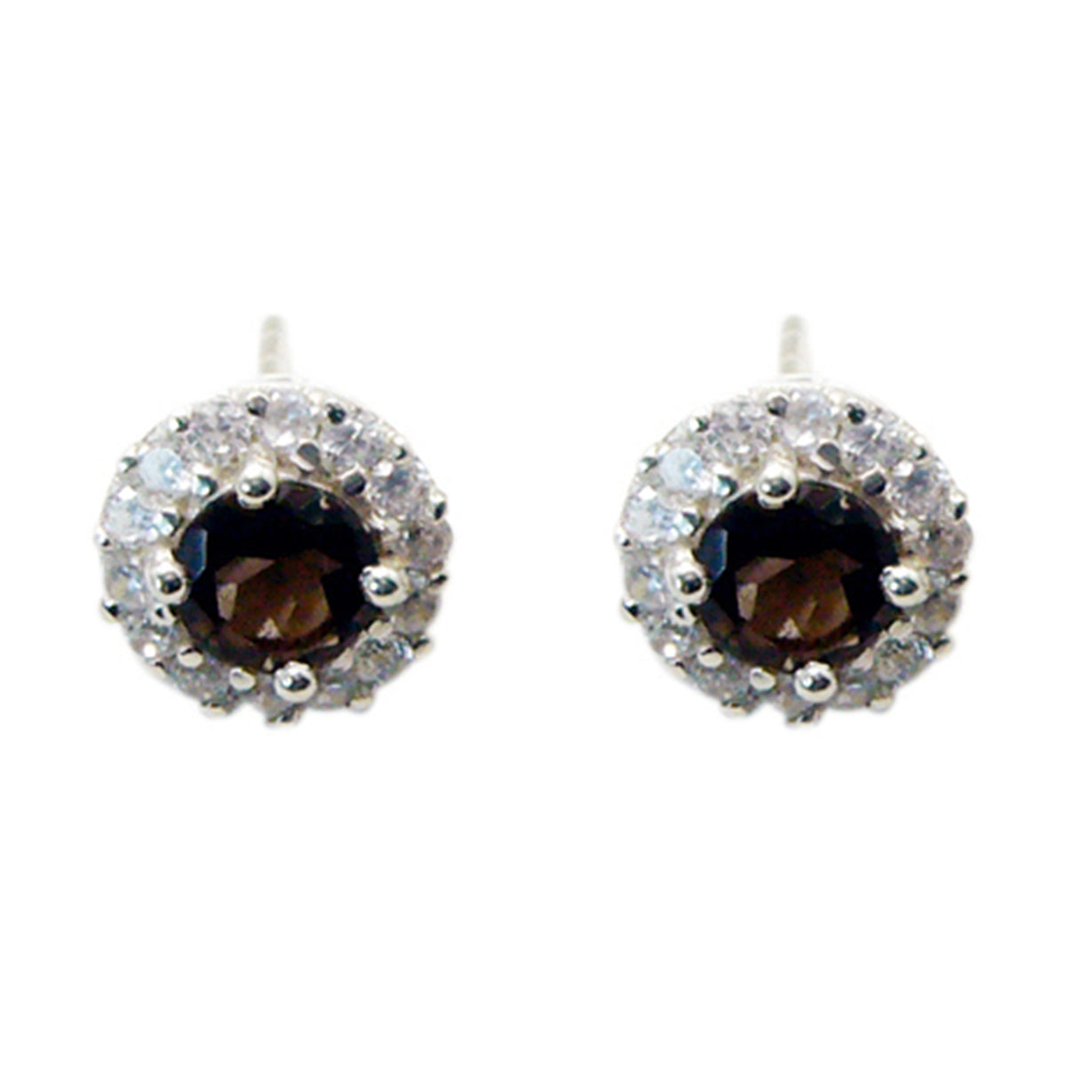 Riyo Good Gemstones round Faceted Brown Smokey Quartz Silver Earring valentine's day gift