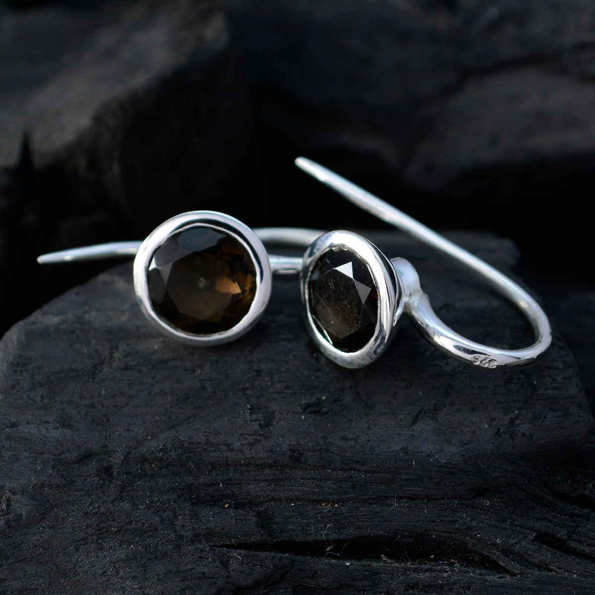 Riyo Good Gemstones round Faceted Brown Smokey Quartz Silver Earrings engagement gift