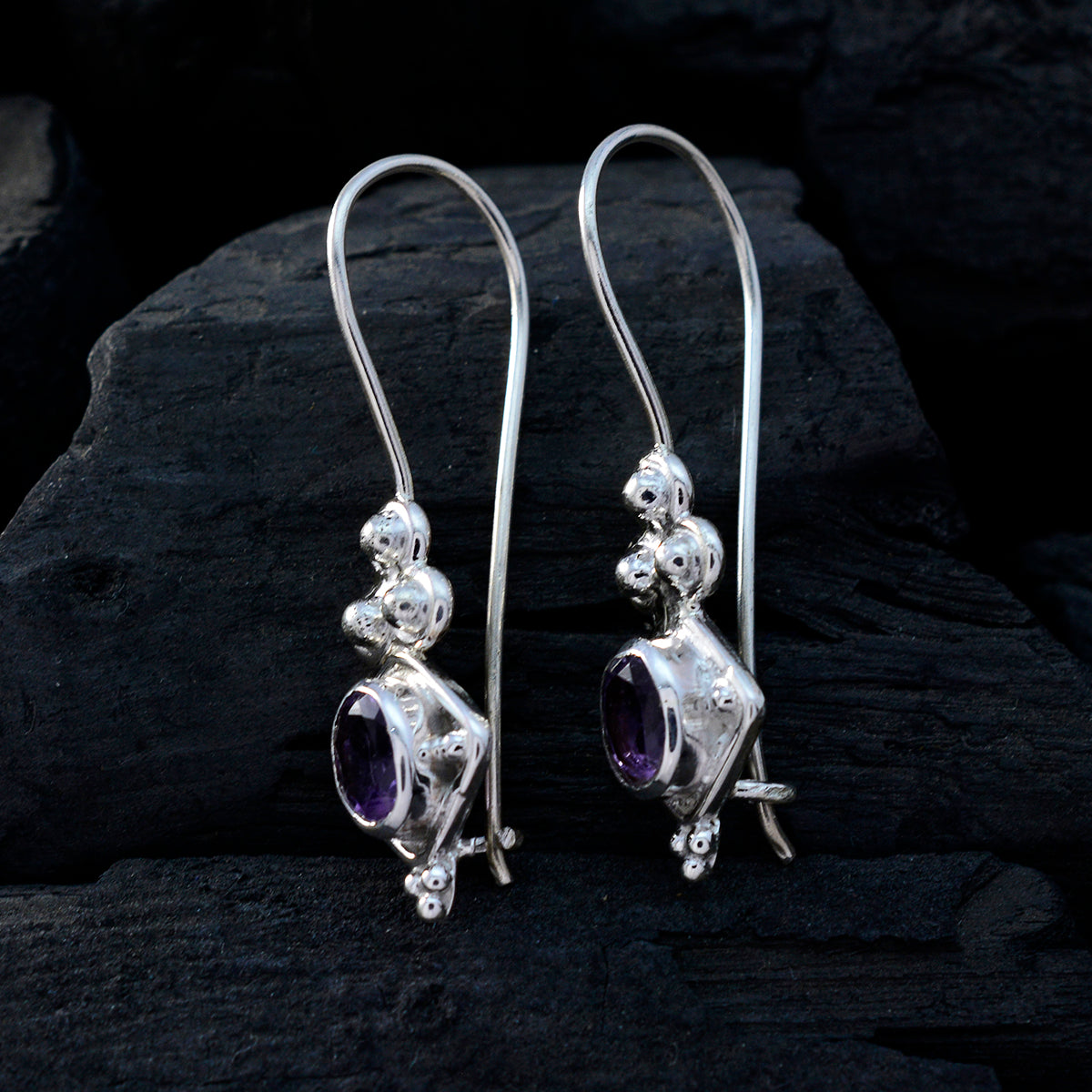 Riyo Good Gemstones round Faceted Purple Amethyst Silver Earring gift