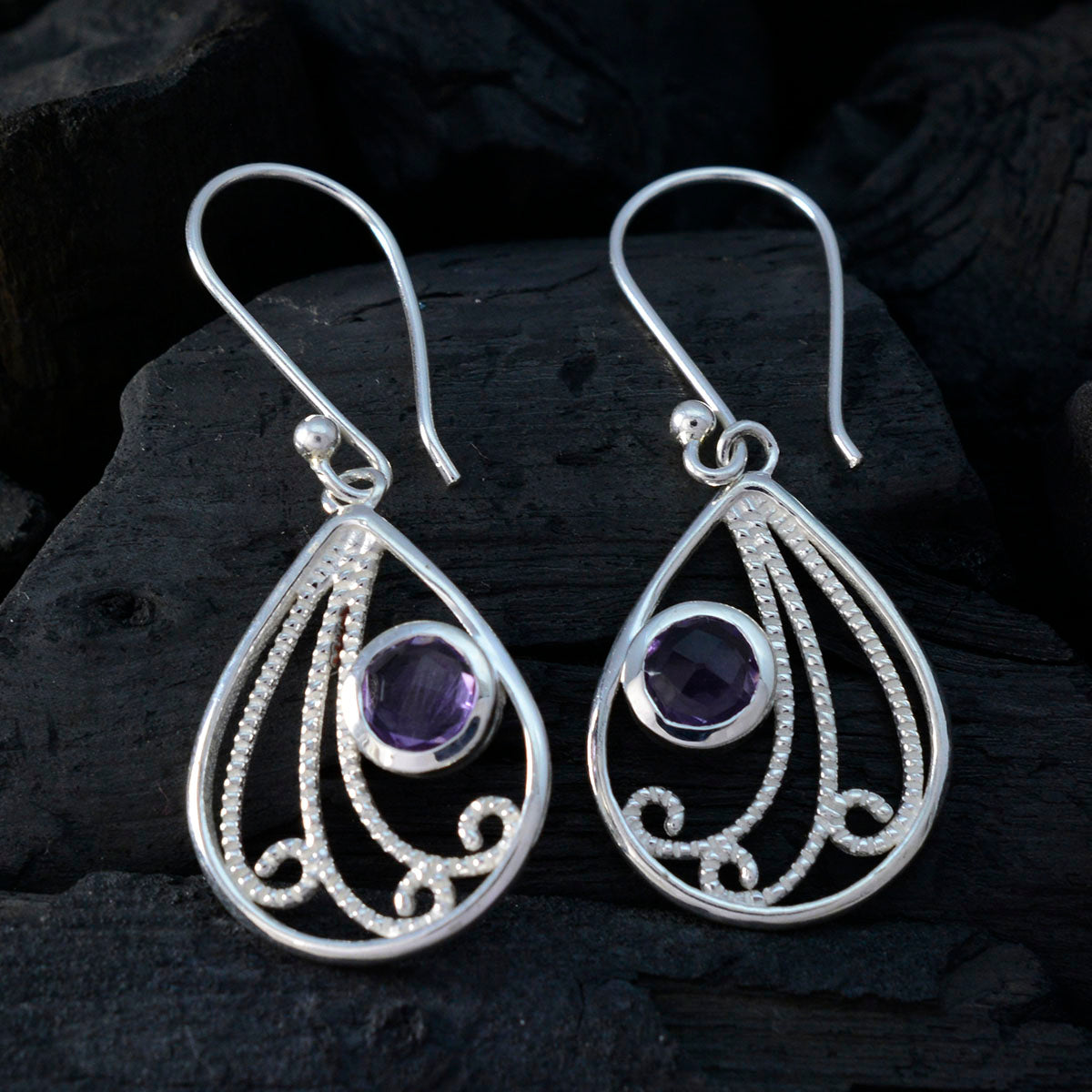 Riyo Good Gemstones round Faceted Purple Amethyst Silver Earring gift for daughter's day
