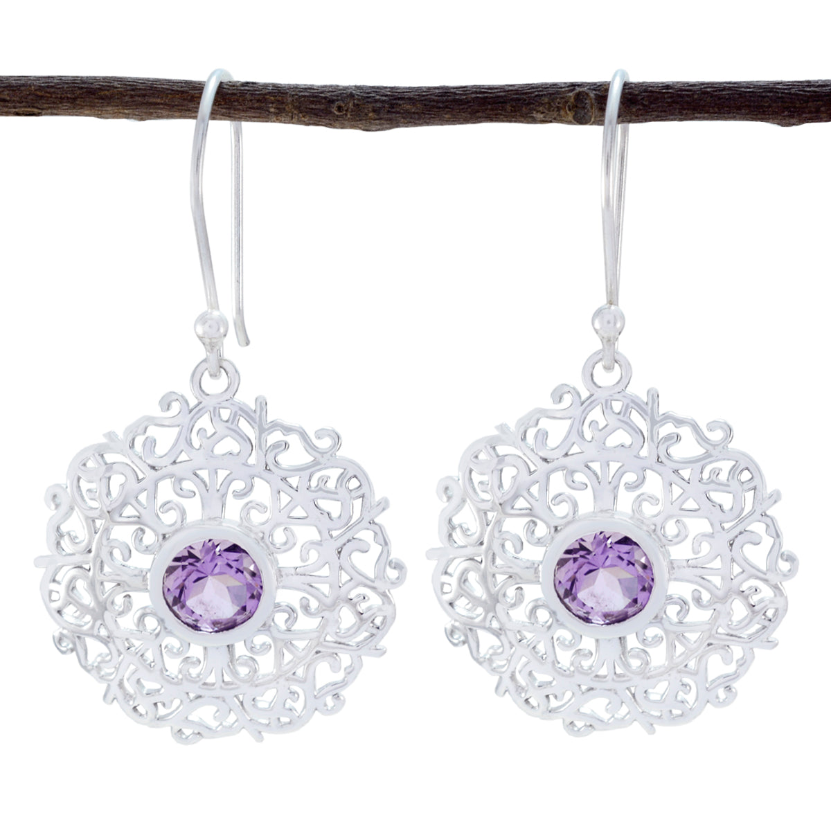 Riyo Good Gemstones round Faceted Purple Amethyst Silver Earrings gift for college