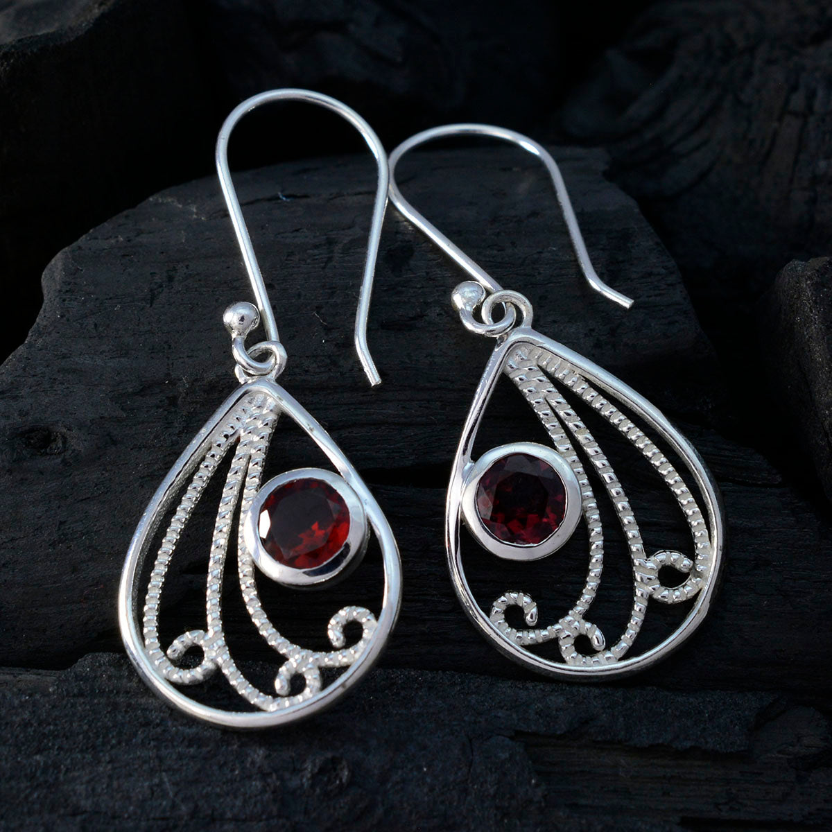 Riyo Good Gemstones round Faceted Red Garnet Silver Earring gift for grandmother