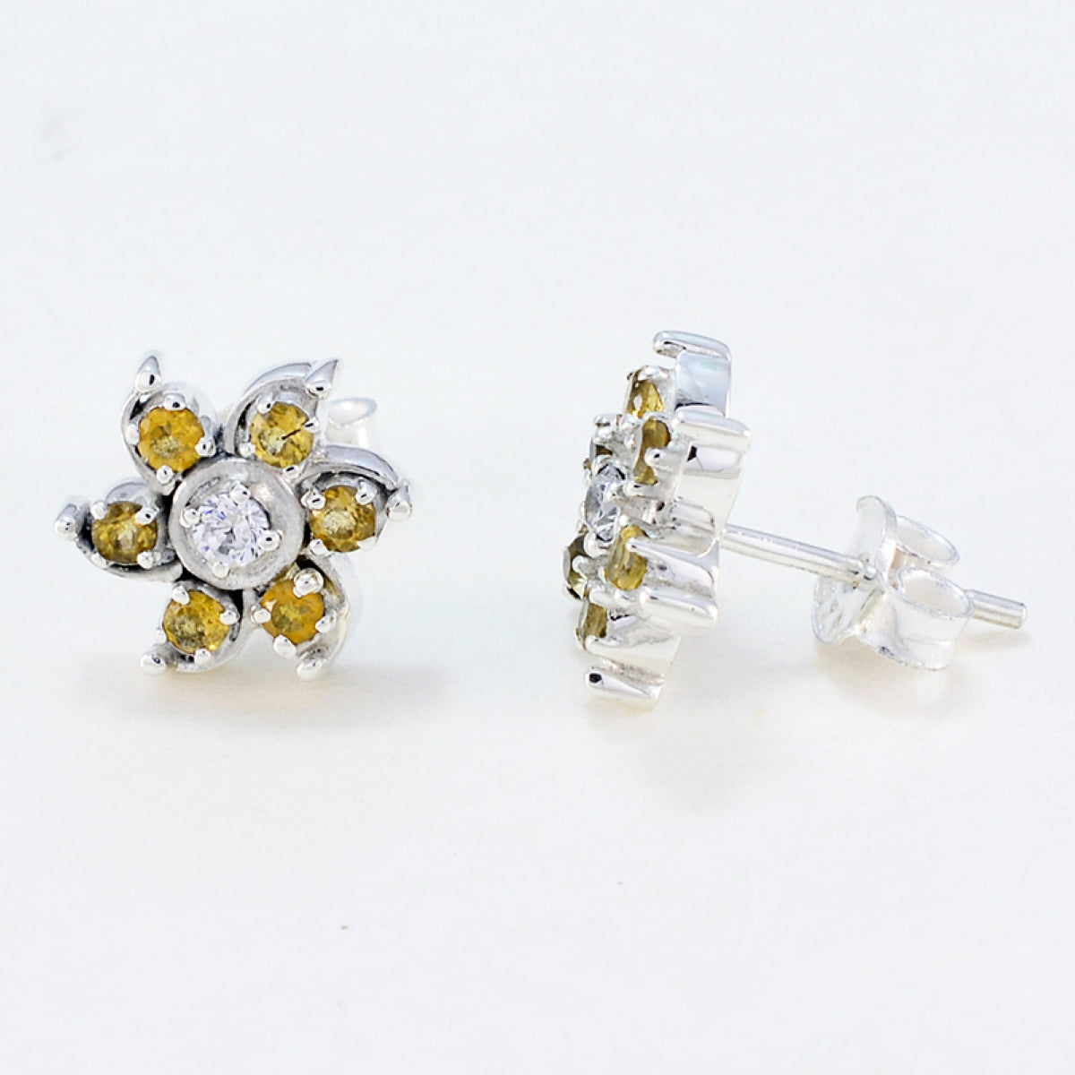 Riyo Good Gemstones round Faceted Yellow Citrine Silver Earrings easter Sunday gift
