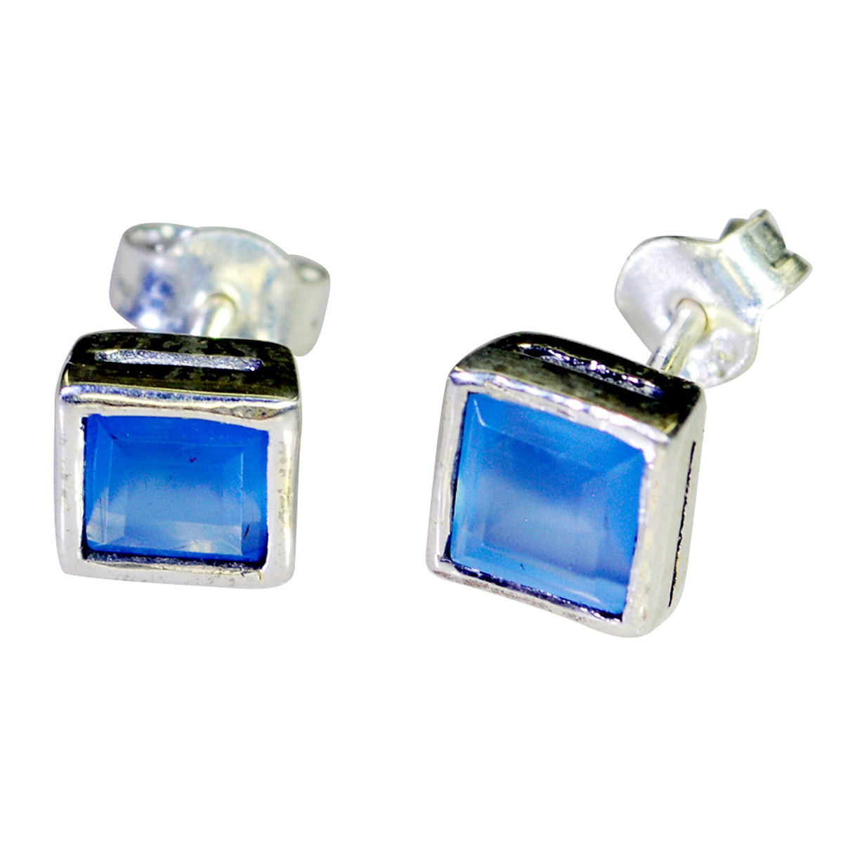 Riyo Good Gemstones square Checker Blue Chalcedony Silver Earrings gift for mother's day