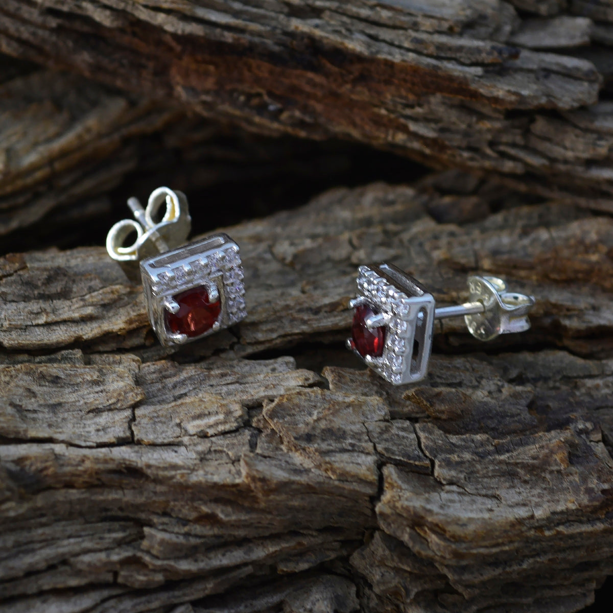 Riyo Good Gemstones square Faceted Red Garnet Silver Earrings anniversary day gift