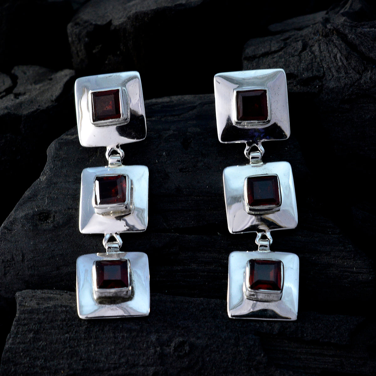 Riyo Good Gemstones square Faceted Red Garnet Silver Earrings gift for teachers day