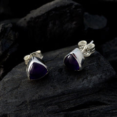 Riyo Good Gemstones trillion Cabochon Purple Amethyst Silver Earring gift for mother's day