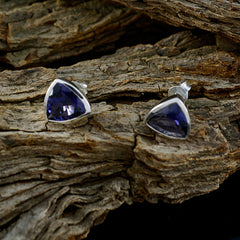 Riyo Good Gemstones trillion Faceted Nevy Blue Iolite Silver Earring gift for easter Sunday