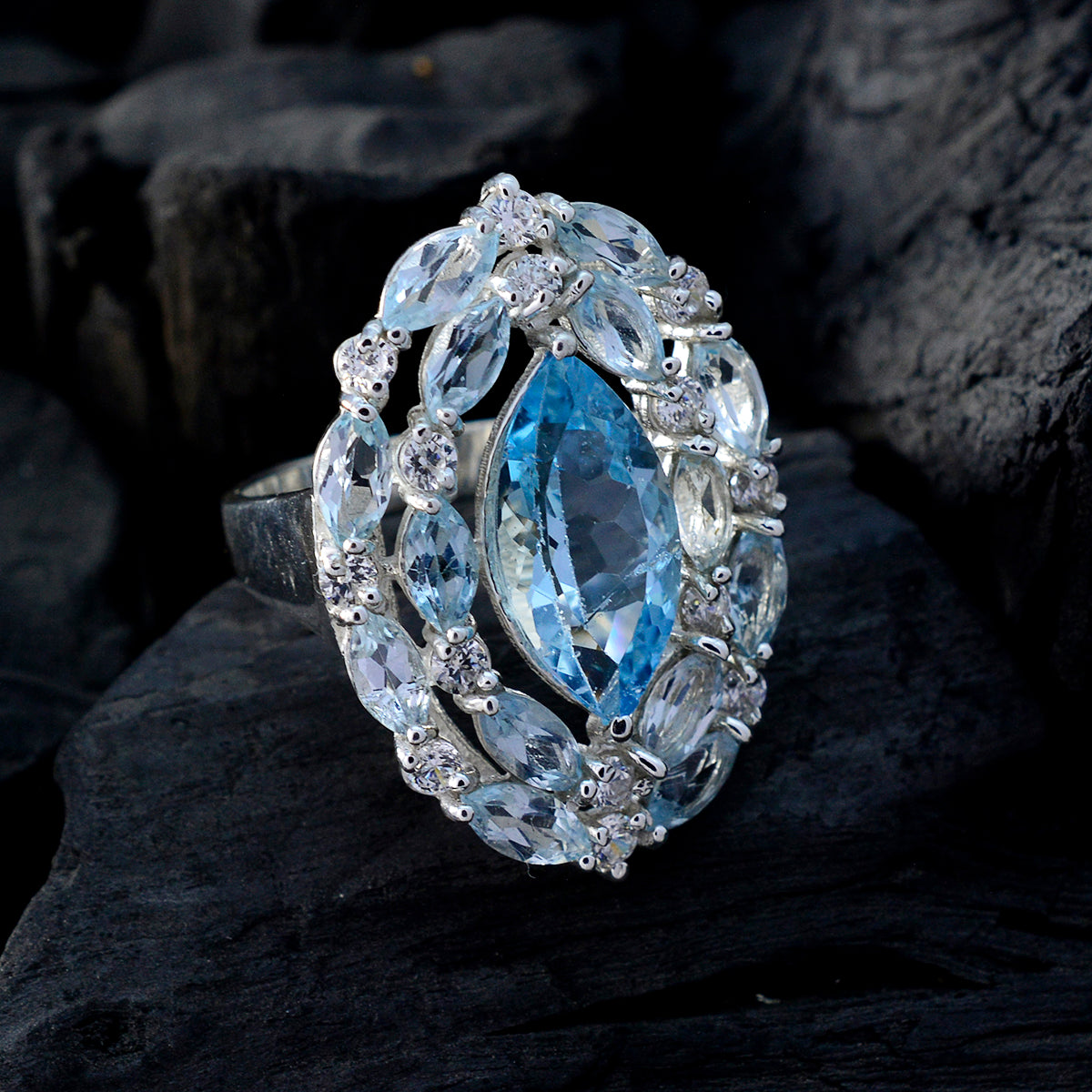 Riyo Indian Gems Blue Topaz 925 Sterling Silver Ring Name Jewelry