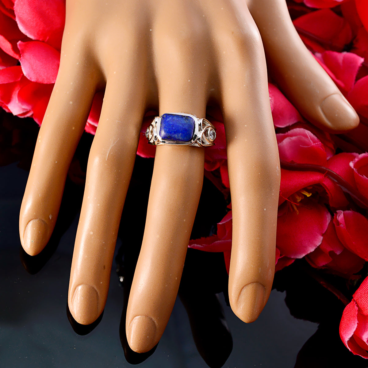 Riyo Inviting Gems Lapis Lazuli 925 Silver Ring Statement Jewellery