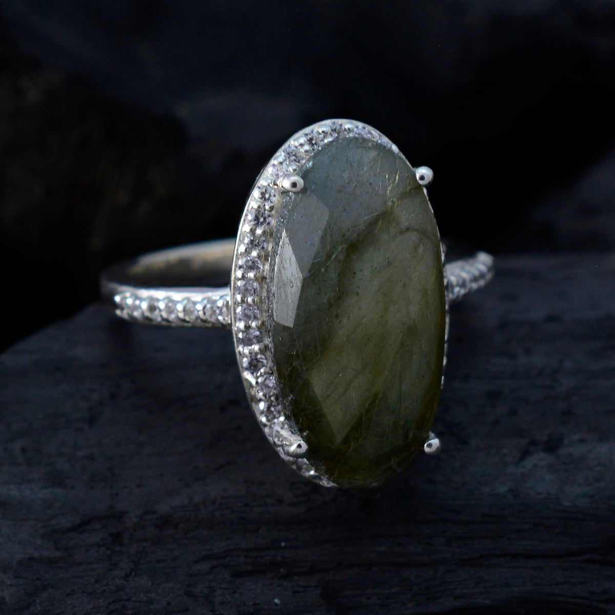 Riyo Luscious Gemstones Labradorite Solid Silver Ring Raw Stone