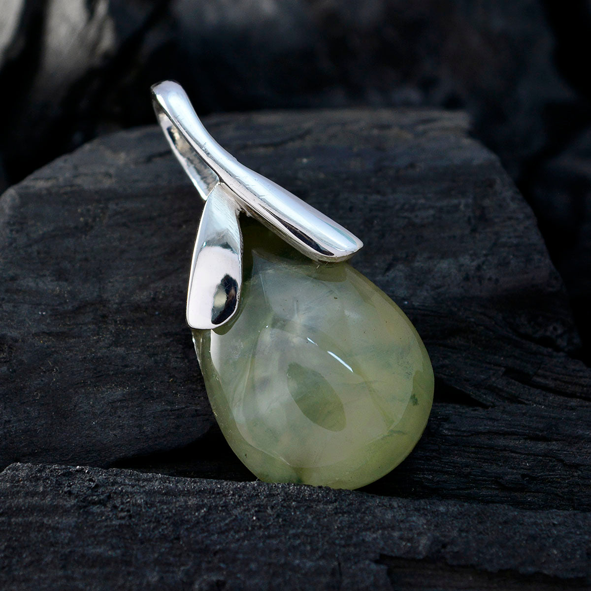 Riyo Natural Gemstone Fancy Cabochon Green Prehnite Solid Silver Pendants graduation gift