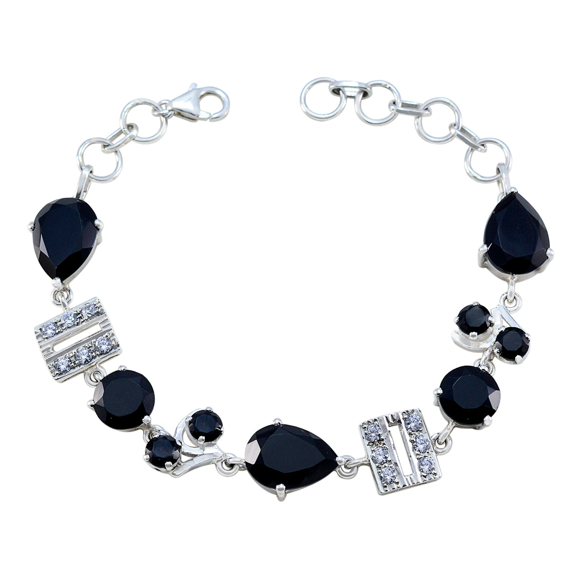 Riyo Natural Gemstone Fancy Faceted Black Black Onyx Silver Bracelets mom birthday gift