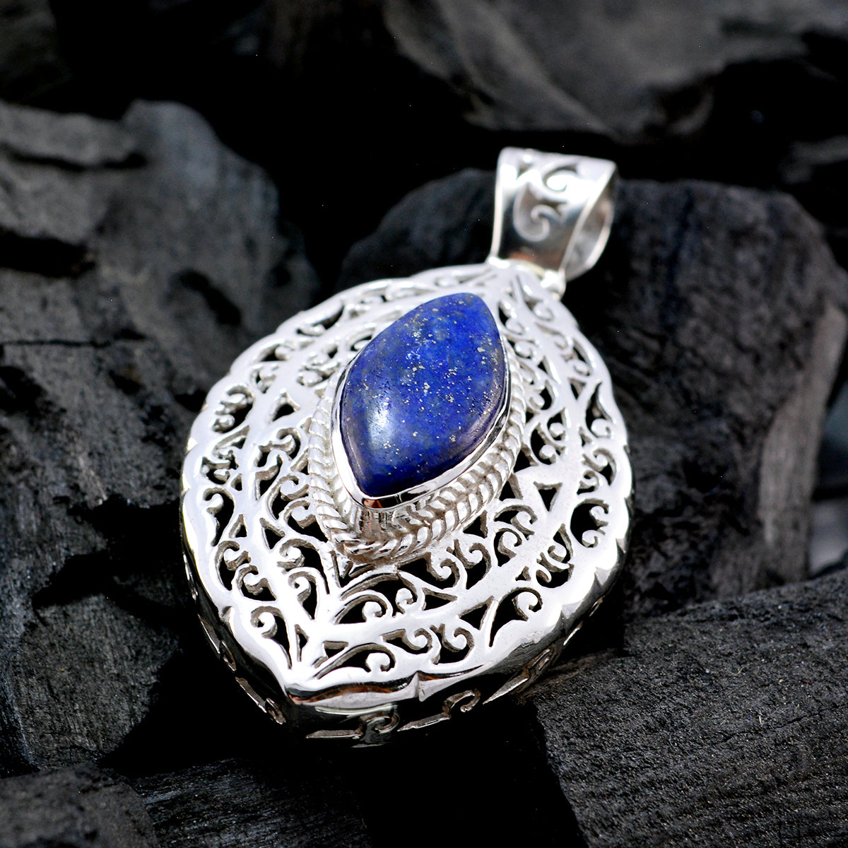 Riyo Natural Gemstone Marquise Cabochon Nevy Blue Lapis Lazuli Sterling Silver Pendant gift for labour day