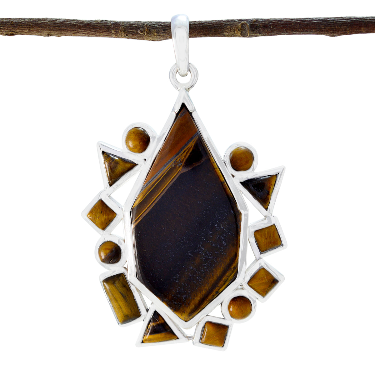 Riyo Natural Gemstone Multi Shape Faceted Brown Tiger Eye Sterling Silver Pendant gift for new years day