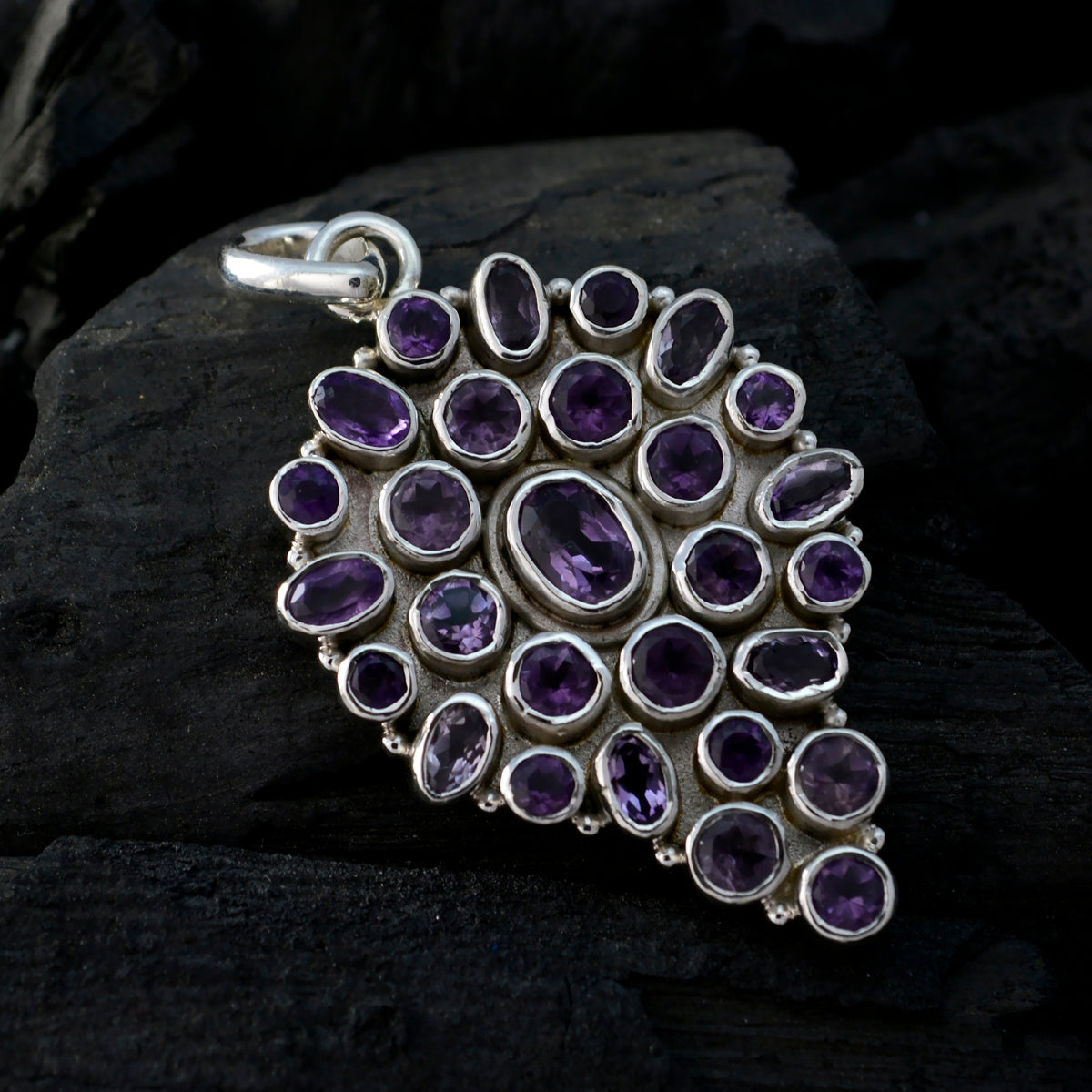 Riyo Natural Gemstone Multi Shape Faceted Purple Amethyst 925 Silver Pendant anniversary day gift
