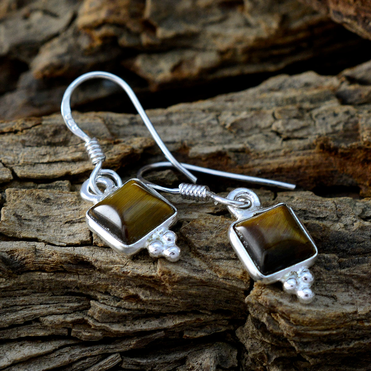 Riyo Natural Gemstone Octogon Cabochon Brown Tiger Eye Silver Earrings gift for labour day