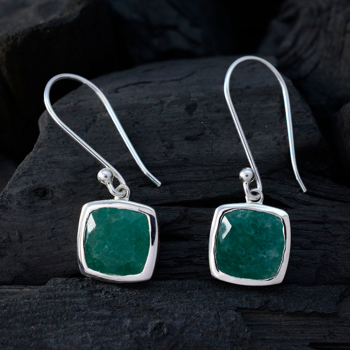 Riyo Natural Gemstone Octogon Checker Green Indian Emerald Silver Earrings gift for mother