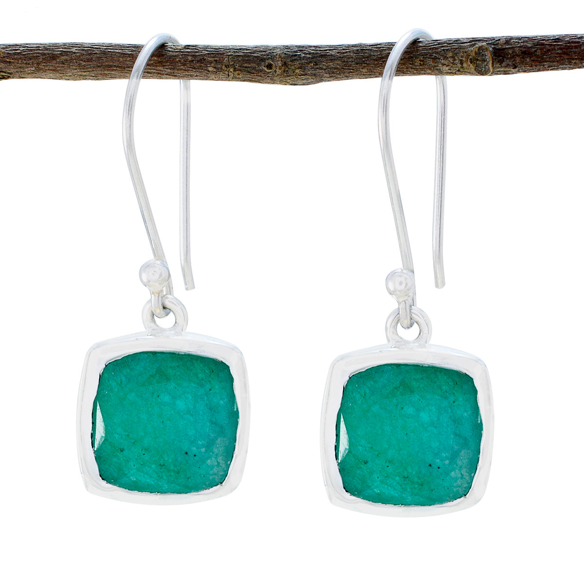 Riyo Natural Gemstone Octogon Checker Green Indian Emerald Silver Earrings gift for mother
